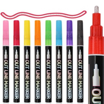 MAGICZNE MAZAKI PISAKI BROKATOWE KOLOROWE METALICZNE PODWÓJNA LINIA 8szt