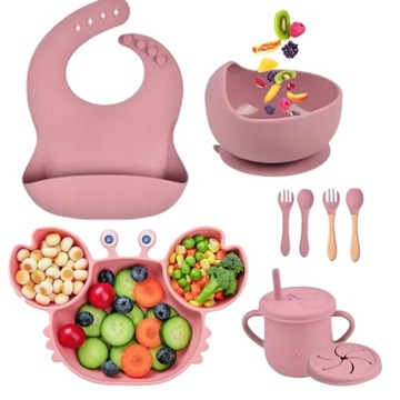 НАБОР СИЛИКОНОВОЙ ПОСУДКИ ДЛЯ ДЕТЕЙ С ПРИСОСКОЙ КРАБ 9 EL РОЗОВЫЙ