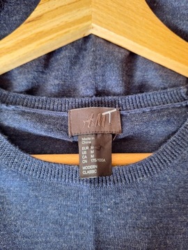 Męski sweter cienki H&M M wełniany z jedwabiem granatowy klasyczny