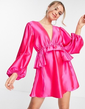 TOPSHOP SATYNOWA SUKIENKA NEON FALBANA GŁĘBOKI DEKOLT CNJ XXJ__XL