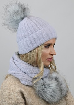 Серый набор шляпы + шарф два помпона D1