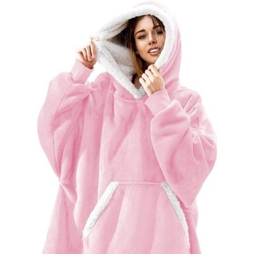 CIEPŁA BLUZA KOC OVERSIZE FUTRZAK 2W1 GRUBA RÓŻOWA