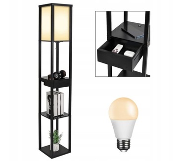 PODŁOGOWA LAMPA Z PÓŁKAMI STOJĄCA Z SZUFLADĄ DO SALONU CZARNA - SZUFLADA