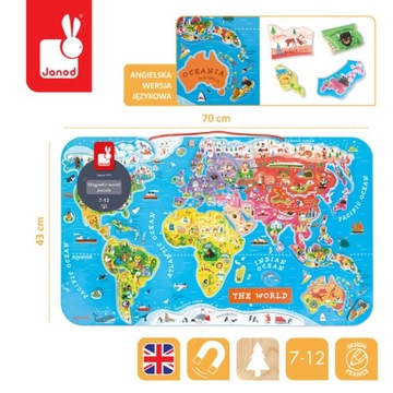 JANOD PUZZLE MAGNETYCZNE EDUKACYJNE MAPA ŚWIATA 7+