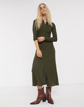 Sukienka koszulowa prążkowana midi khaki XS 34