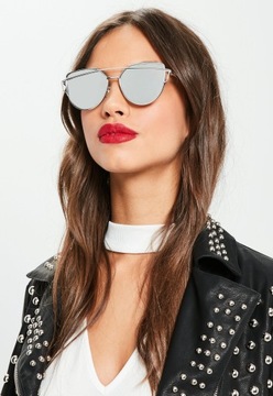 Okulary lustrzanki kocie oko przeciwsłoneczne modne damskie srebrne