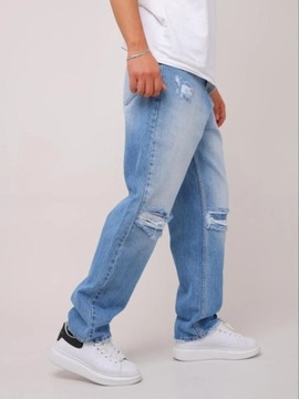 SZEROKIE SPODNIE MĘSKIE JEANSOWE BAGGY i8 Denim WYTARCIA STYL Niebieskie 32