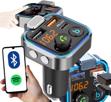 TRANSMITER BLUETOOTH AUDIO FM MP3 BT SZYBKA ŁADOWARKA 3X USB QC 3.0 RGB