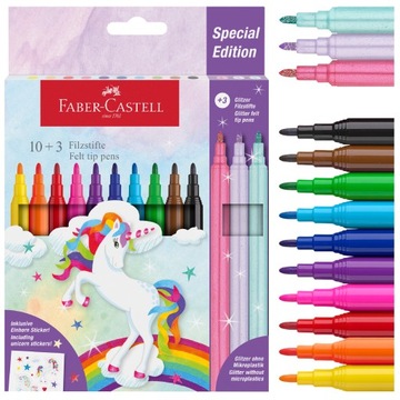 FABER-CASTELL Flamastry pisaki mazaki szkolne Unicorn 10 + 3 pastel gratis