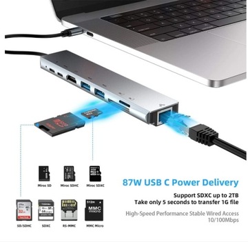 АДАПТЕР-концентратор-разветвитель USB-C TYPE-C НА 4x USB 8в1 ПЕРЕДАЧА