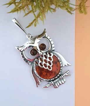 СЕРЕБРЯНЫЙ КУЛОН СОВА С ЯНТАРЕМ