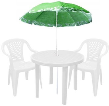 2+1 ZESTAW PLASTIKOWY KRZESŁA STÓŁ PARASOL BIAŁY