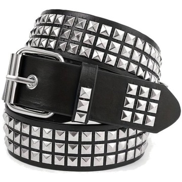 PASEK do spodni DAMSKI, CZARNA SKÓRA PU skórzany z ćwiekami PUNK ROCK 112cm