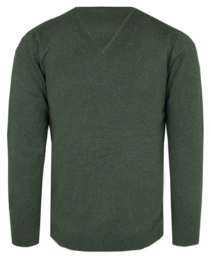 Męski Klasyczny Sweter w Serek (V-Neck) - Melanżowa Zieleń Khaki - XL