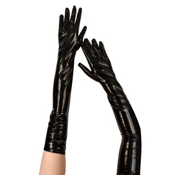 Dorosłe seksowne długie czarne rękawiczki lateksowe metaliczne mokre