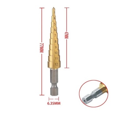 СВЕРЛО ПО МЕТАЛЛУ 3–12 мм, ШЕСТИГРАННИК 1/4 ПО ЛИСТОМУ МЕТАЛЛУ, УНИВЕРСАЛЬНОЕ КОНИЧЕСКОЕ СТУПЕНЬЕ