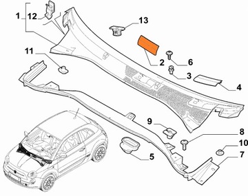 Fiat 500 правая крышка лобового стекла.