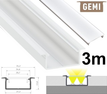 PROFIL DO TAŚM LED SZEROKI NA 2 TAŚMY LED GEMI BIAŁY 3M Z KLOSZEM