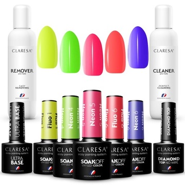 5 лаков NEON Claresa + TOP CLEANER ACETONE BASE