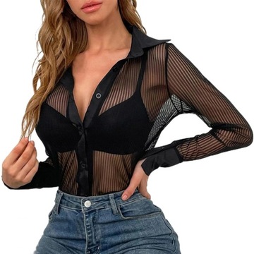Women's Sexy See Through Shirts Mesh Sheer Single