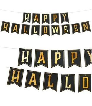 BANER GIRLANDA NAPIS HAPPY HALLOWEEN ZŁOTY I CZARNE FLAGI DEKORACJE 250 CM