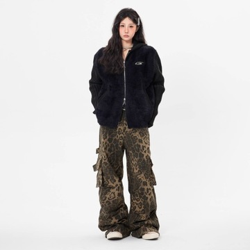 Tan Leopard Print Cargo Pants Women's Y2K Oversized Wide Leg Pants