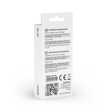 Картридер SAVIO SD, USB 3.0, 5 Гбит/с, АК-64
