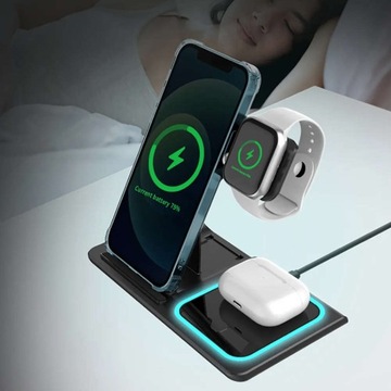 Индуктивное зарядное устройство Fast QI 3in1, 15 Вт для iPhone 15, 14, 13, 12, часов Airpods