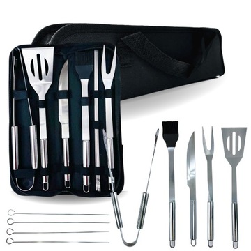 AKCESORIA PRZYBORY DO GRILLA SZTUĆCE ZESTAW GRILLOWY 9W1 +ETUI BBQ STALOWE