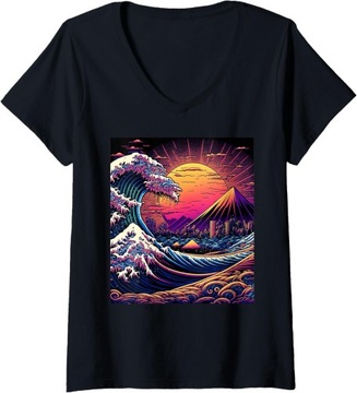 Koszulka z dekoltem w serek w stylu japońskim Ukiyo-e w stylu retro wave Great Wave Off Kanagawa
