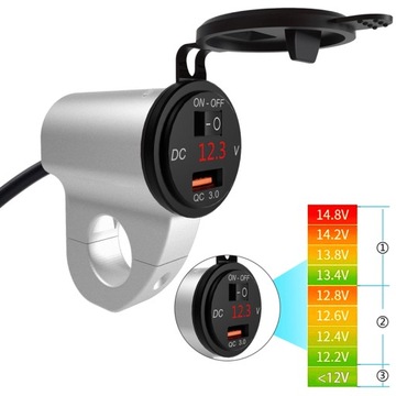 ЗАРЯДНОЕ УСТРОЙСТВО ДЛЯ МОТОЦИКЛА 3.4A USB QC3.0 ВОЛЬТМЕТР 12В
