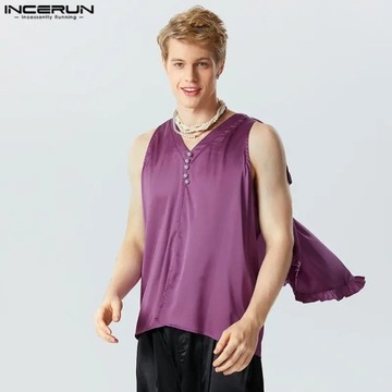 2024 Men Irregular Tank Tops Ruffle V Neck Sleevel