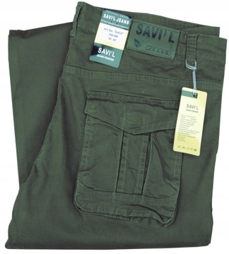 Oliwkowe bawełniane Bojówki firmy Savil trekkingowe lycra W39 102/106 cm
