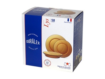 KOMPLET ZESTAW TALERZY OBIADOWY DESEROWY GŁĘBOKI 18 SZTUK DURALEX AMBER