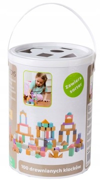 DREWNIANE KLOCKI Z SORTEREM KSZTAŁTÓW WIADERKO 100 SZT ECOTOYS