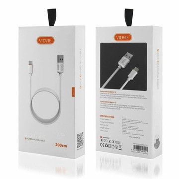 KABEL VIDVIE CB443-2 USB/TYPE C 2.4A, 2M BIAŁY BOX