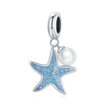 Charms Srebro 925 Gwiazda Morska Perła Błękitna Rozgwiazda Zawieszka Charms