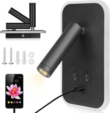 LAMPKA ŚCIENNA LED DO CZYTANIA PRZY ŁÓŻKU 9 W Z PORTEM ŁADOWANIA USB