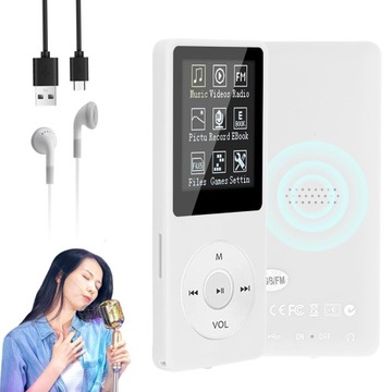 ODTWARZACZ MP3 SMUKŁY PRZENOŚNY BLUETOOTH EBOOK RADIO FM 16GB HI-FI BIAŁY