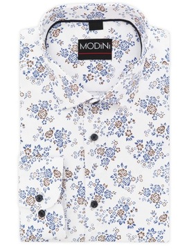 Biała koszula męska Modini w granatowe kwiaty Y67 188-194 / 45-Regular
