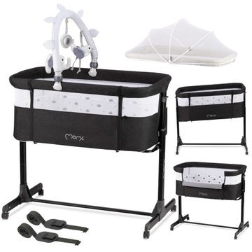 ŁÓŻECZKO DOSTAWNE - MoMi REVO CIEMNE - MATERAC MOSKITIERA KÓŁKA ZABAWKI