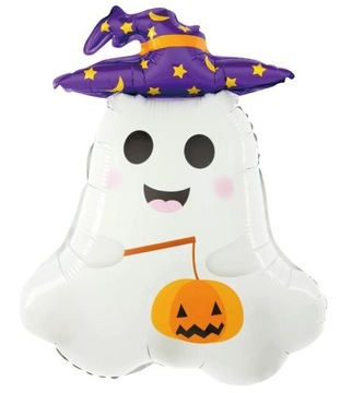 BALON FOLIOWY NA HALLOWEEN WESOŁY DUCH DUSZEK Z KAPELUSZEM 65x47 cm BALONY