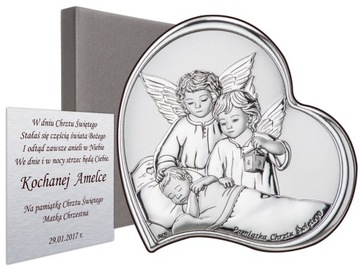 Pamiątka Chrztu Świętego od Matki Chrzestnej obrazek srebrny Anioł Stróż