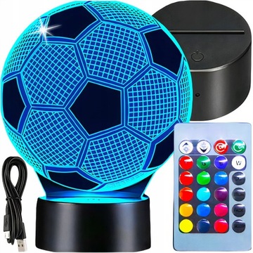 LAMPKA NOCNA 3D LED DLA DZIECI PIŁKA NOŻNA NA KABEL I BATERIĘ Z PILOTEM