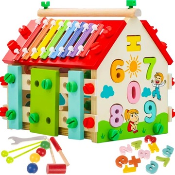 DOMEK ZABAWKA DLA DZIECI SORTER DREWNIANY EDUKACYJNE INTERAKTYWNE NAUKI