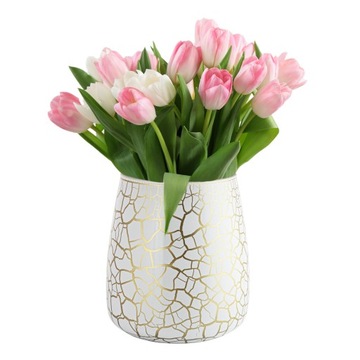 Wazon Na TULIPANY Kwiaty Szklany DEKOROWANY Biały Złoty wys. 17 cm OZDOBA
