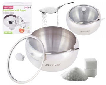 CUKIERNICA STALOWA z ŁYŻECZKĄ I POKRYWKĄ CUKIERNICZKA KAMILLE