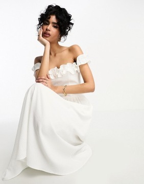 Little Mistress Biała sukienka midi z dekoltem bardot i pełną spódnicą XL