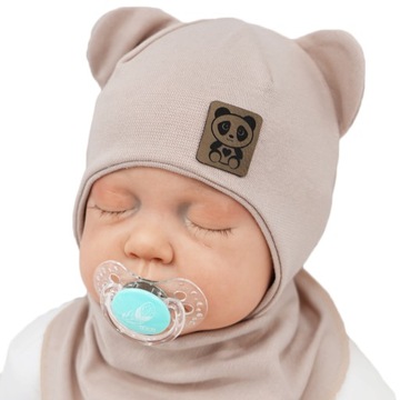 Beżowy komplet PANDA czapka + apaszka r.40-42