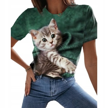 T-SHIRT DAMSKI KOSZULKA WZÓR 3D KOTEK FULLPRINT